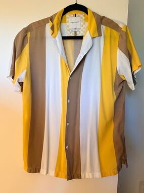 Denim & Flower Men's Short-Sleeve Vertical Stripe Shirt - Yellow White Brown